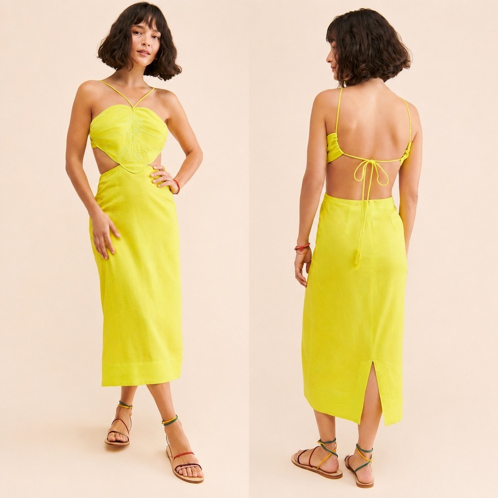 Farm Rio Monstera Leaf Embroidered Cut-Out Midi Dress Lime Green Small - Picture 1 of 6